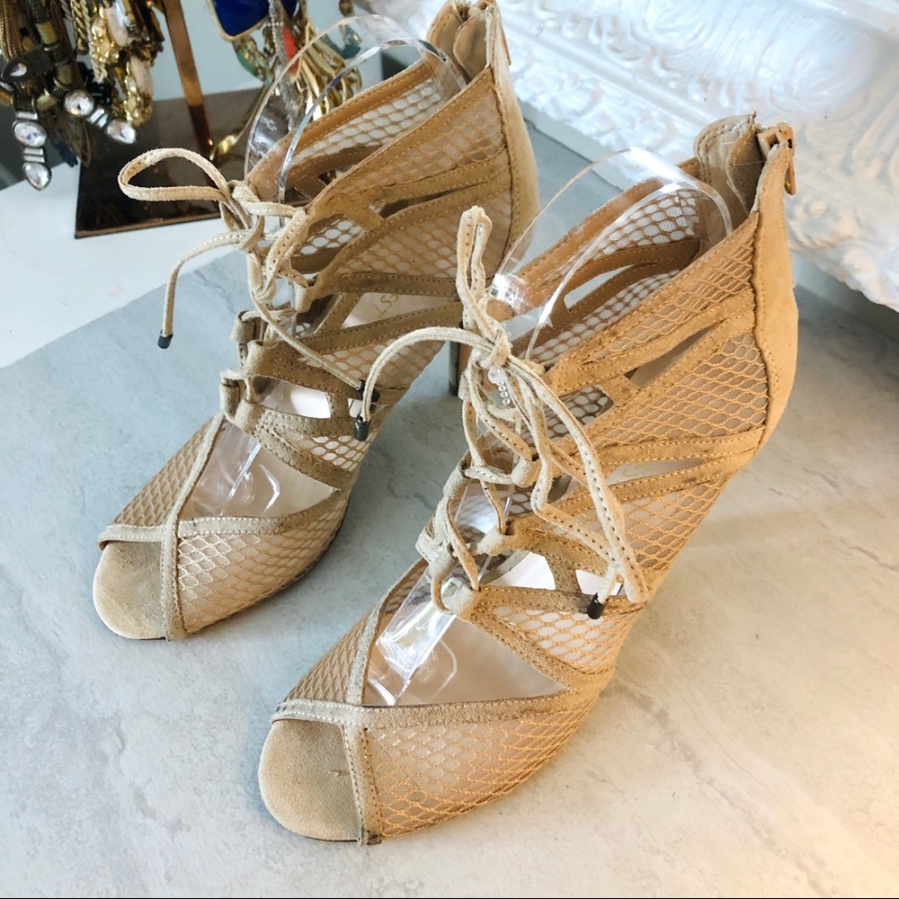 Nine West Net Lace Up Nude Heels